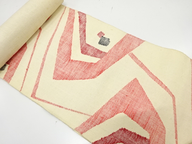 アンティーク　手織り真綿紬　幾何学模様織り出し　名古屋帯地反物